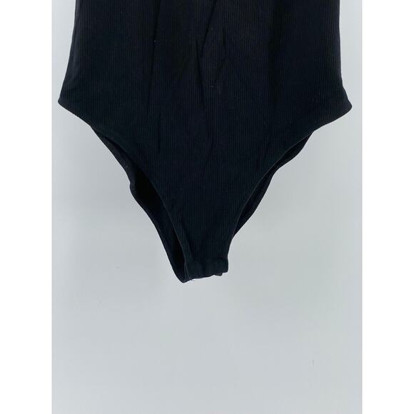 MANGOPOP Women's Black Ribbed Scoop-Neck Sleeveless One-Piece Bodysuit SZ S - Picture 5 of 11